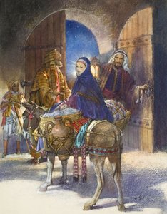 Fortællingen om kroværten: Maria og Josef ankommer til Betlehem (gouache på papir)