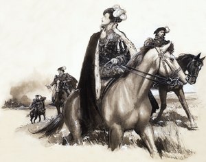 Uidentificeret dronning forlader en rygende by under eskorte