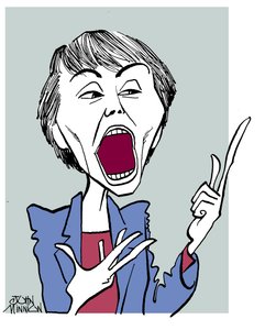 Camille Paglia - karikatur med åben mund af John Minnion