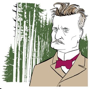 Jean Sibelius på baggrund af finske skove af John Minnion
