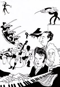 Musikfantasi - omslag til musikbog eller artikel - med dirigenter, musikere, instrumenter, violin, trommer, kontrabas, saxofon, klaver, partitur, Elvis, Bach, af John Minnion