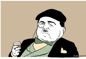 Reynaldo Hahn - karikatur af den tysk-venezuelanske komponist og dirigent med et glas vin af John Minnion