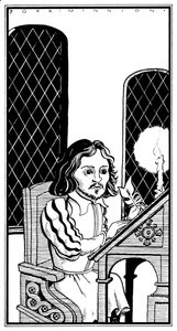 Thomas Tallis - karikatur siddende ved skrivebordet - engelsk komponist - 30. januar 1505 - 23. november 1585 af John Minnion