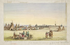 Fort Union og uddeling af varer til assiniboinerne af John Mix Stanley