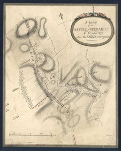 En skitse af slaget ved German. Tn., 4. Oktober 1777, hvor oprørerne blev slået tilbage. LOC gm71000932