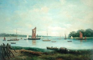 Morgen ved en flod på østkysten (olie på lærred) af John Moore