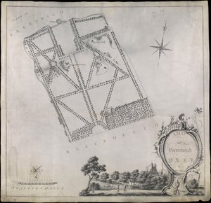 Plan over Greenwich Park, der viser det kongelige observatorium, One Tree Hill og Ranger