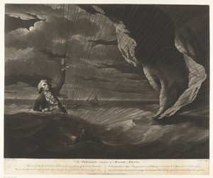 John Money med sin ballon styrtede i havet The Perilous Situation of Major Mony, 23. juli 1785 (titel på objekt)