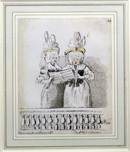 En duet af Miss Harriett og Miss Theodosia Abrams, Harrisons Concert, Hanover Square, 1788 (blæk og vask) af John Nixon