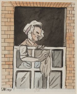Tjenestepige rengøring vindue, 1789 (blæk & wc på papir) af John Nixon