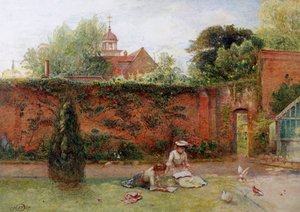 En indhegnet have. To unge teenagere sidder og læser i en gammel have. Fugle nærmer sig dem. Maleri af John Parker (1839-1915) Privat samling af John Parker
