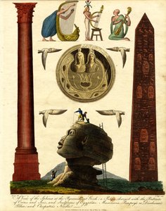 Udsigt til sfinksen ved pyramiderne i Gizeh: en patera med portrætter af Osiris og Isis og skulpturer af egyptiske musikere, Pompejus