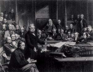 Underhuset i 1860: Lord Palmerston taler til huset under debatten om traktaten med Frankrig, indgraveret af Falkner, 1863 (se også 42219 og 107821) af John Phillip