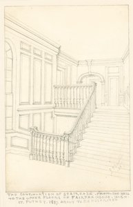 Fortsættelsen af trappen fra hallen til de øverste etager i Fairfax House, High Street, Putney, 1887