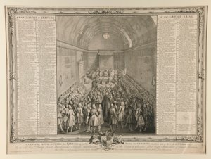 Udsigt over jævnaldrendes hus, kongen siddende på sin trone, almuen til stede ved slutningen af sessionen 1741/2 af John Pine