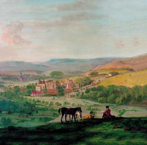 En udsigt fra det 18. århundrede af Haddon Hall med landsbyen Bakewell i baggrunden af John Raphael Smith