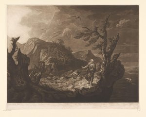 Stormfuldt landskab med bard på kanten af ​​en klippe af John Raphael Smith