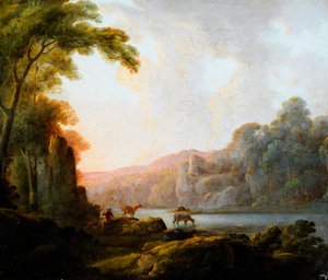 Scene ved søen med kvæg (olie på lærred)