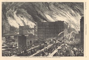 Chicago i flammer - jagten efter livet over Randolph Street Bridge, illustration fra Harpers Weekly, 1871 af John Reuben after Chapin