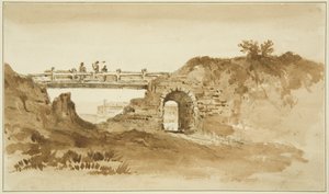 Midlertidig bro på Coronation Road overfor New Gaol, ca. 1821 (blyant og sepia vask på papir)