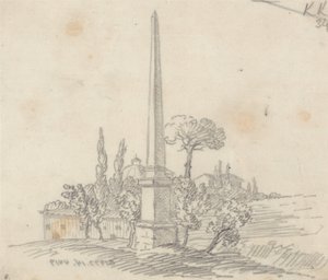 En obelisk med tage og træer i det fjerne af John Robert Cozens