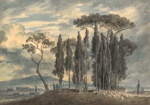 I haverne i Villa Negroni i Rom (blyant og akvarel med ridser ud) af John Robert Cozens
