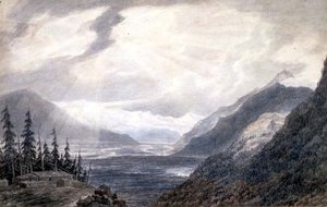PD.6-1965 Pays de Valais, nær Genevesøen, ca. 1776 (indisk blæk, blyant og vask på papir) af John Robert Cozens