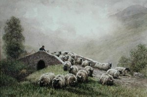 Highland Bridge med hyrde og flok (akvarel på papir) af John Robert Keitley Duff