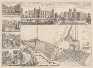 A Plan of the Gardens & View of Ye Buildings of ye Right Ærede Henry Pelham, Esqr. ved Echa i Ye County of Surrey af John Rocque
