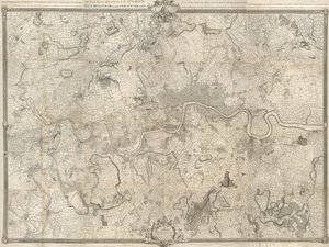Et kort over london fra det 18. århundrede. En nøjagtig undersøgelse af byens London, Westminster ye Borough of Southwark og landet i nærheden af ti miles rundt begyndte i 1741 og sluttede i 1745 / af John Rocque landinspektør & (indgraveret) af Richard Pa af John Rocque