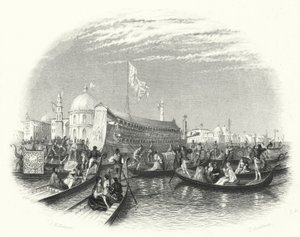 Havets ægteskab. Dogens pram og gondoler på vandet i Venedig (gravering)
