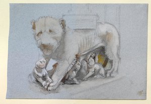 Skitse af løvinde og unger fra Nicola Pisanos Siena prædikestol, juni 1870 af John Ruskin