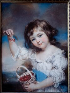 Portræt af en lille pige i kurven med kirsebær, maleri af John Russel (1745-1806) 1800-tallet