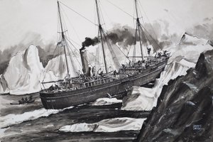 Roosevelt smadrer gennem isen for at komme til Nordpolen (gouache på papir)
