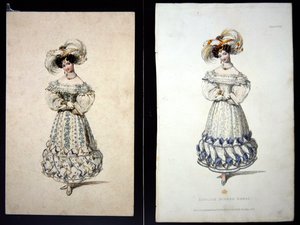 Skitse og tryk af en modeplade, ca. 1829 (blyant og akvarel på papir og håndkoloreret gravering)