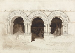 Buer i vestsiden af klosteret St. Georges de Boscherville, nær Rouen, Normandiet, ca. 1818 (grafit, brun vask og pen og blæk på papir på kort) (se 172543) af John Sell Cotman