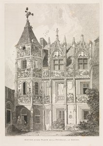 Architectural Antiquities of Normandy Vol. II, Pl. 64: Hus på Place de la Pucelle i Rouen, af John Sell Cotman