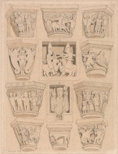 Hovedstæder og A & B Bas-relieffer i Abbey Church of Saint Georges de Bocherville, nær Rouen, Normandiet af John Sell Cotman