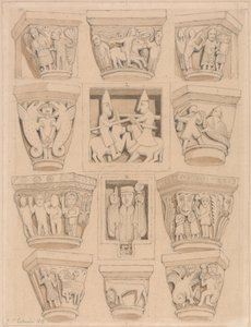 Kapitæler og A amp; B Bas-Reliefs i klosterkirken Saint Georges de Bocherville, nær Rouen, Normandiet af John Sell Cotman