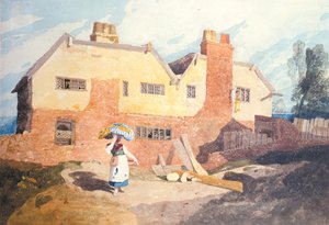 Sommerhuse med en vaskekone (Elm Hill, Norwich) ca. 1808-9 af John Sell Cotman