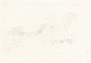 Landskabsskitse med bro og slot af John Sell Cotman
