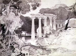 Nr. 1539 Klassisk søjlegang i et træagtigt landskab (blyant og indisk blæk vaskes på papir) af John Sell Cotman