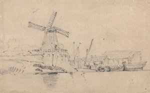Flod og vindmølle af John Sell Cotman