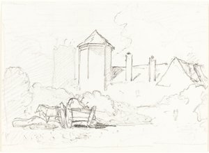 Skitse af bygninger med vogn og heste i forgrunden af John Sell Cotman