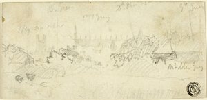 Skitse af landskab med katedral af John Sell Cotman