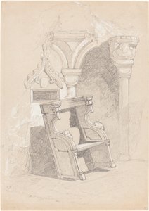 Skitse af ruineret kirkeinteriør med stol af John Sell Cotman