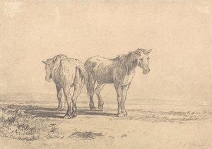 To gamle heste står på en mark af John Sell Cotman