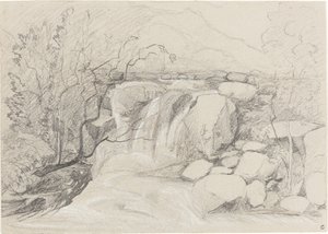 Vandfald med klipper af John Sell Cotman