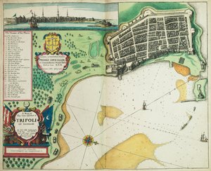 Et kort over byen og havnen i Tripoli på Barbaresk.