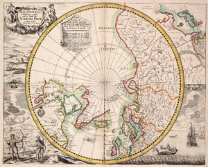 Polarprojektionskort med polarcirkel, ca. 1680 (koloreret stik)